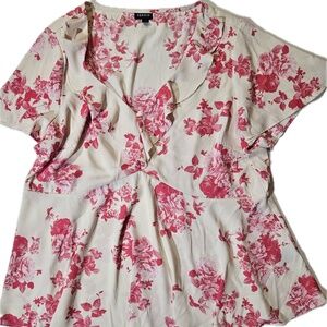 Torrid Blouse Womens 2 Pink Floral Ruffle V Neck Flutter Sleeve Tunic Top‎ Plus